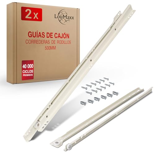LouMaxx Guías deslizantes de 500 mm, juego de 2 (1 par), color blanco, sistema de rieles para cajones con extracción parcial, rieles suaves en color crema