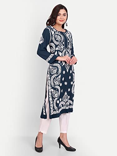 Image of indiankala4u Women's Hand Embroidered Chikankari Kurta for Women | Modal Cotton Straight Kurti | Lucknowi Chikan Work Ethnic Kurta | Full Sleeve Festive Office Wear