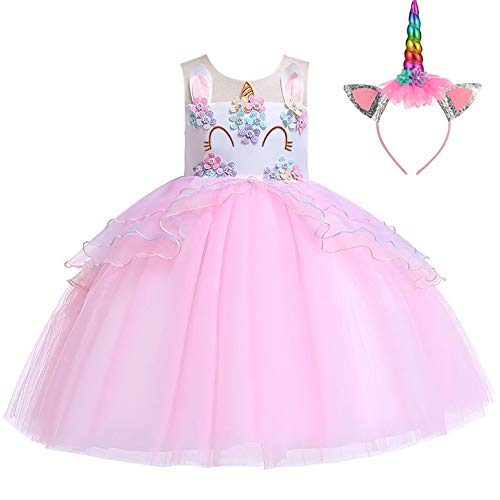 Pretty Princess Déguisement Fille Licorne Robe Florale Princesse Tutu Jupe avce un Serre-tête Anniversaire Fête Soirée 7-8 Ans