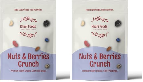 Image of Khari Foods Nuts Berries Snack Trail Mix, 6 in 1 Mix of Almonds, Cashews, Pumpkin Seeds, Dried Cranberries, Blueberries, Black Raisins, High Energy Dry Fruit Snacks, No Palm Oil (100g) (Pack of 2)
