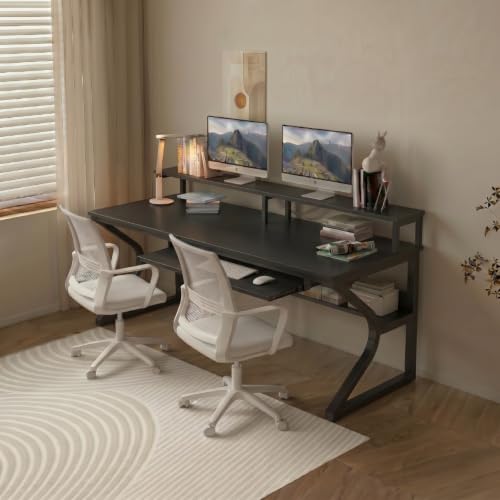 Image of TEKAVO Plik Computer Table for Home Pc | Office Table for Home | Shelf, Moniter Riser & Keyboard Tray, Laptop Table, Worktable, Study Table, Workstation | Black Wood, Metal, (150 Cm x 60 Cm) DIY
