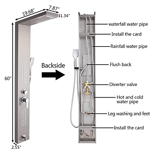 Nc 60 Inch Shower Panel Tower System Stainless Steel 5 In 1 Multi-Function Shower Panel With Spout Rainfall Waterfall Massage Jets Tub Spout Hand Shower For Home Hotel Resort Split Type #TOP2