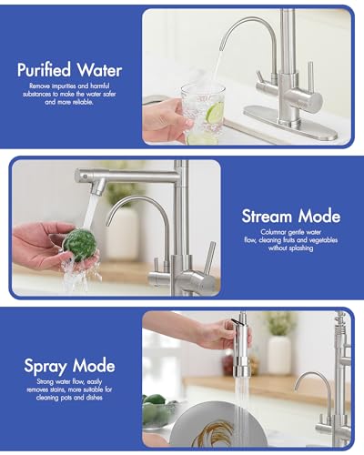 Image of AIMADI 3 in 1 Kitchen Faucet with Water Filler,Brushed Nickel | Single Handle Kitchen Sink Faucet with Pull Down Sprayer Separate Drinking Water Faucet 1 or 3 Hole