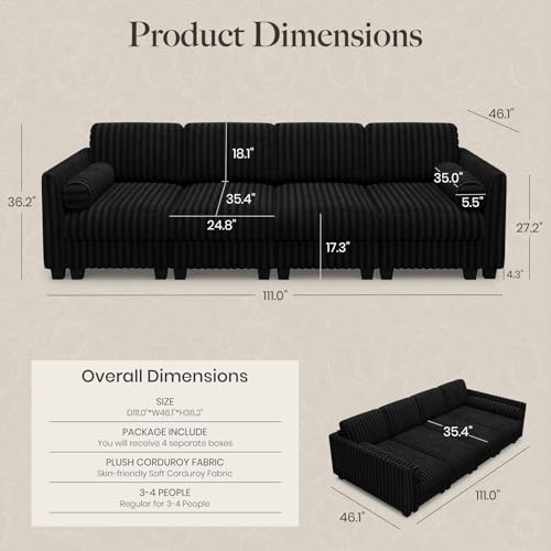 Image of Belffin Plush Corduroy Modular Cloud Sofa Bed with Deep Seat Sectional Cloud Couches for Living Room. Black Couch
