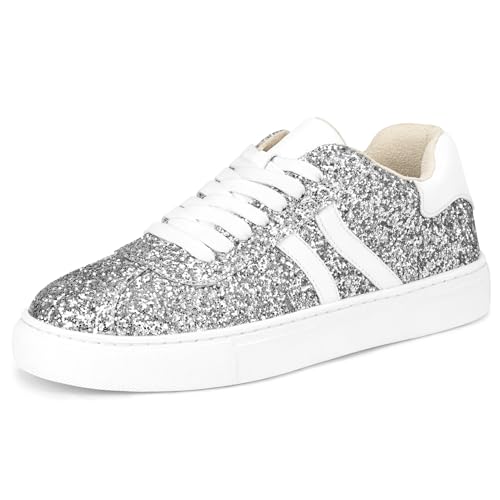 Image of Suokdil Sparkle Rhinestone Sneakers for Women - Bling Fashion Bedazzled Platform Tennis Shoes - White Glitter Sequin Wedding and Party Shoe