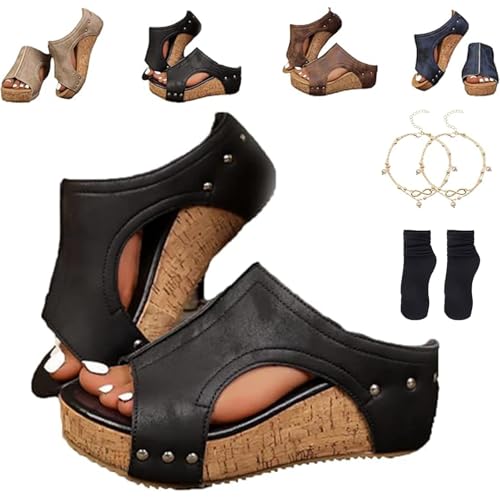 Cork Wedges & Platform Slides, Women's Thick Sole Comfy Leather Wedge Non-slip Summer Lightweight Sandals
