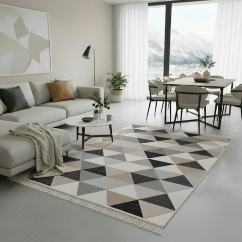 Jimri Alfombra de Pasillo - alfombras para salón, Dormitorio, Cocina, habitación Infantil, baño - Alfombra Boho Kelim - Cuadros Grises, 120 x 170 cm