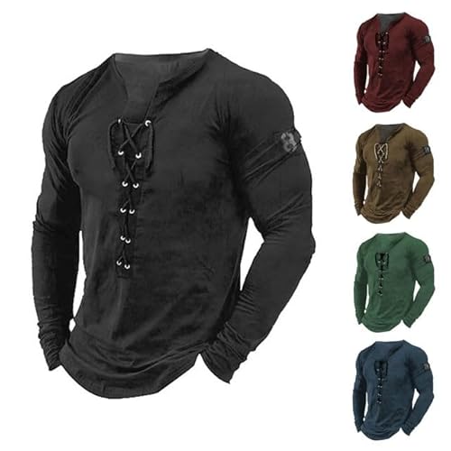 Camisa medieval para hombre, camisa de verano, manga larga, cuello retro, con cordones, camisa informal de estilo vikingo, ropa de festival, disfraz de carnaval, corte holgado, camiseta medieval, O