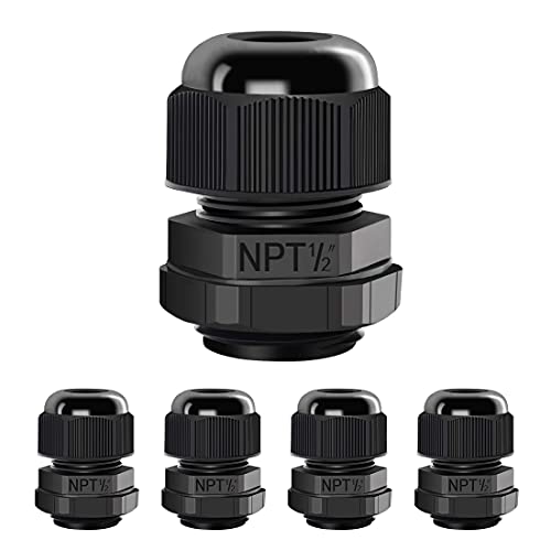 LeMotech 5 Pack NPT 1/2" Cable Glands Waterproof Adjustable 6-12mm Cable Connectors Black Nylon Joints with Gaskets