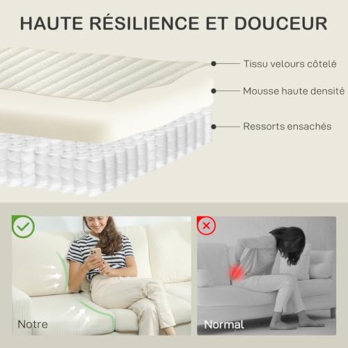 HOMCOM Canapé 3 Places avec Repose-Pieds, canapé en Velours côtelé 192 cm, Design Moderne, Tabouret de Rangement, Coussins à Ressorts, Assise et Dossier rembourrés, pour Salon, Chambre, Bureau, Beige – Image 6