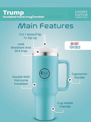 Image of Sanjeev Kapoor by Classic Essentials Stanley Stainless Steel 1200ML Tumbler with Lid and Straw, Hot and Cold Double Insulated Sipper Mug, 100% Leak Proof Coffee Tumbler Cupholder for Office Blue
