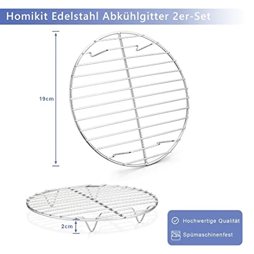 Homikit Abkühlgitter, 2 Stück Edelstahl Rund Kuchengitter Auskühlgitter Set zum Backen Kühlen Dämpfen, 19 cm, Gesund & Langlebig, Rostfrei & Spülmaschinengeeignet