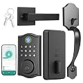 REETOMETAL Smart Front Door Lockset, Keyless Entry Deadbolt with Handle, Fingerprint/App/Code/Key Unlock, Anti-Peeping Keypad, Auto-Lock, Easy Install