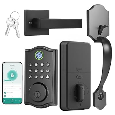 REETOMETAL Smart Front Door Lockset, Keyless Entry Deadbolt with Handle, Fingerprint/App/Code/Key Unlock, Anti-Peeping Keypad, Auto-Lock, Easy Install