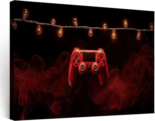Tableau Salon Manette Jeu Rouge Moderne Cadre en Bois Impression sur Toile 120x80 cm