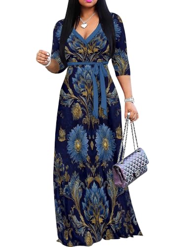 Image of SUZONANA Plus Size Dresses for Women Floral Print Maxi Dress Flowy 3 /4 Sleeve with Belt