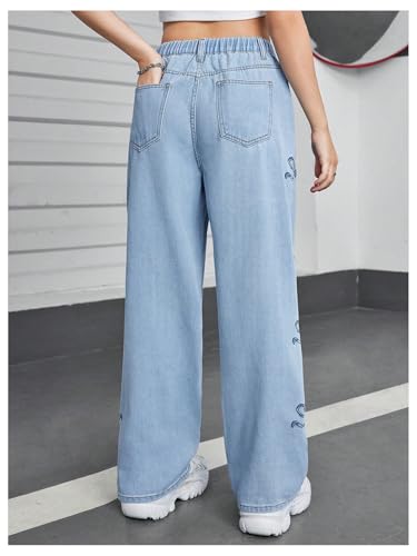 WDIRARA Girl's Bow Print Baggy Jeans Elastic High Waisted Straight Leg Denim Pants2