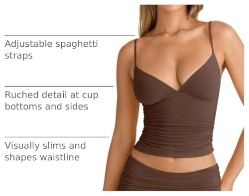 Image of PINKMSTYLE Women's Sexy V Neck Ruched Cami Top Sleeveless Spaghetti Double Layer Fitted Crop Tank Tops