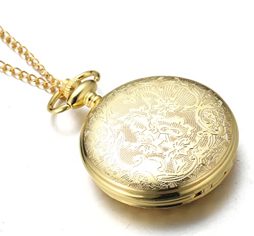 Image of Halukakah Men's Pocket Watch with Chain Quartz Vintage Gearwheel Pattern Roman Numerals Scale,with 2 Chains Set Pocket Chain+Necklace,Free Giftbox