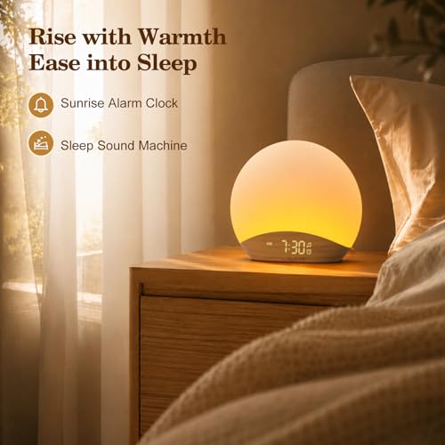 Image of REACHER Wood Grain Sunrise Alarm Clock and Sound Machine Nightlight, Digital Dimmable Clock for Bedroom, 26 Sleep Sounds, White Noise Machine for Baby, Adults, Wake Up Light Alarm Clock for Kids | Digital Dimmable Clock for Bedroom, 26 Sleep Sounds, White Noise Machine for Baby, Adults, Wake Up Light Alarm Clock for Kids