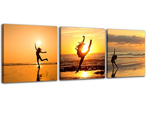 NAN Wind 3 Pcs Canvas Print Girl Dancing in the Sunset on Beach Wall Art Dancing Water Painting Girl Dance Pictures Print On Canvas For Home Decor Decoration Gift