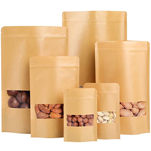 Surflyee 100 Piezas Bolsa de Papel Kraft, Bolsa de kraft con Ventana, Bolsas Papel Bocadillos Reutilizables, A Prueba de Humedad, Bolsas de Papel para Té, Dulces, Semillas, Frutos Secos (9x14CM)