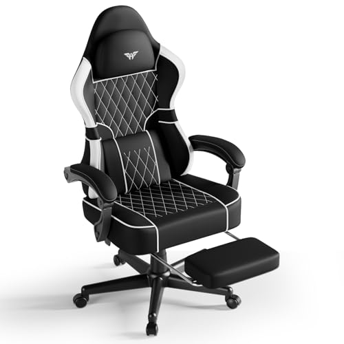 Huracan Silla Gaming con masajeador, sillas Gamer para Ordenador con reposapiés, Respaldo Ajustable, Gaming Chair ergonómico para PC, para Jugadores 150 kg de Capacidad de Carga, Cuero de PVC, Blanco