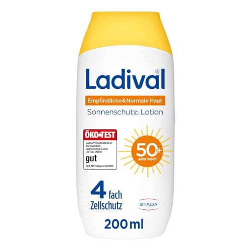 Ladival Sonnenschutz Lotion LSF 50+ für empfindliche und normale Haut - Sonnencreme für den Körper, wasserfest, feuchtigkeitsspendend, mit 4-fach Zellschutz, UV-Schutz, 200ml