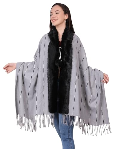 Image of Manra Women's Solid Faux Fur Border Stole Shawl Warm Wrap Cape for Winters (SC 14)