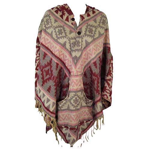 Poncho 2 Button Tassels Hood + Pocket Desert Design Yak +Sheep Wool Blend 1 Size Sand + Red + Gray + Pink
