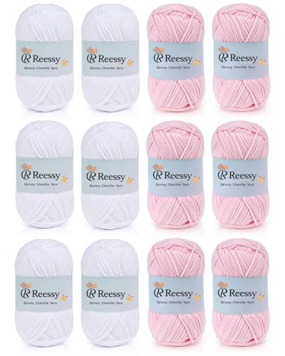 Image of Skinny Chenille Yarn Set - 12 Skeins Soft Baby Yarns (1.76oz /50g, 6 White + 6 Pink, Total 1,896yd) - Fine Weight Matte Chenille Yarn for Crocheting - Soft CYC#2 for Baby Blankets, Plush Toys