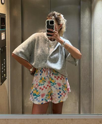 Kmbangi Women Knitted Cropped Blouse Short Sleeve Button Down Knit Shirt Crop Cardigan Y2K Open Front Pullover Tops thumb #6