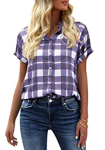 GeGekoko Damen Kariert Bluse Kurzarm Oberteile Casual Lose V-Ausschnitt...
