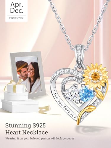 Sunflower Heart Necklace Gifts for Wife Women, 925 Sterling Silver Forever Love Jewelry, Wedding Anniversary Birthday Gifts, Mother Girlfriend Daughter Jewel with 2 Birthstones - Image 4