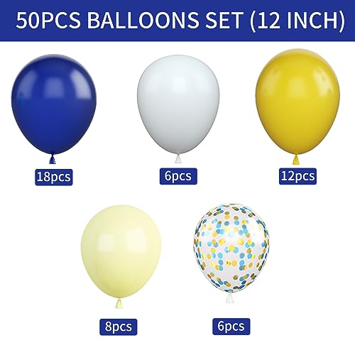 Image of Blue and Yellow Balloons Set, 50Pcs 12 Inch Royal White Confetti Latex Balloons for Wedding Anniversary Baby Shower Birthday Party Decorations