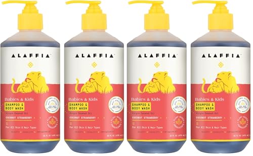 Image of Alaffia Babies and Kids Shampoo and Body Wash, Gentle and Calming Support for Soft Hair and Skin with Shea Butter, Neem, and Coconut Oil, Fair Trade, Coconut Strawberry, 4 Pack - 16 Fl Oz Ea