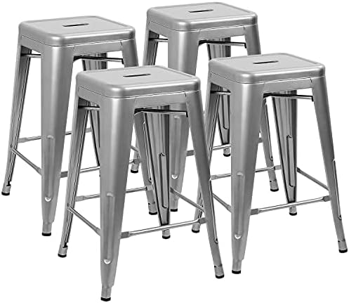 Devoko Metal Bar Stools 24" Indoor Outdoor Stackable Barstools Modern Style Industrial Vintage Counter Bar Stools Set of 4 (Silver)