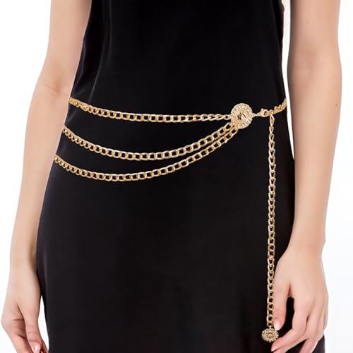 Women Girls Multilayer Metal Waist Chain Belt for Dresses Jeans Adjustable Body Belly Link Western Belt3