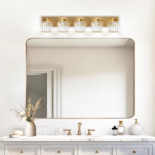 Image of Gold Crystal Bathroom Vanity Light, 5-Light Modern Bathroom Lighting Fixtures Over Mirror,Chrome Wall Sconce Light Fixtures with Square Shade