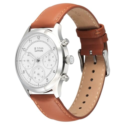 Image of Titan Sapphire Quartz Multifunction White Dial Brown Leather Strap Watch for Men - NT1874SL05