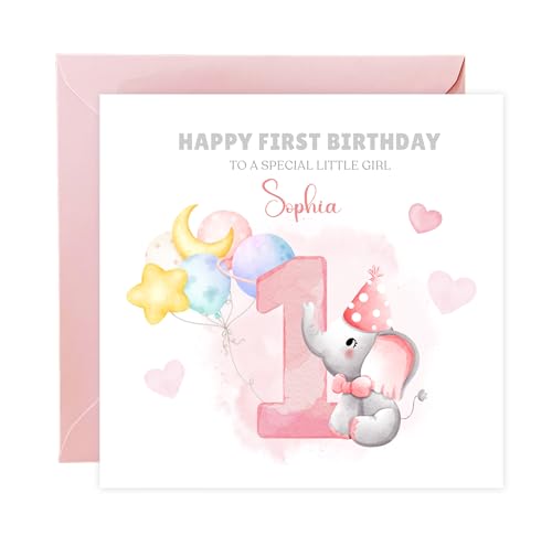 Personalised 1st Birthday Card for Baby Girl – Cute Elephant Design with Customised Name and Message– Watercolour First Birthday Card for Daughter, Granddaughter, Niece – Pink Envelope Included