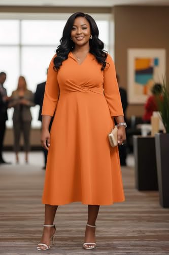 Image of Nmoder Women's Plus Size Stretchy Flared Wrap Dress Casual Wedding Guest Midi Dresses V Neck 3 /4 Sleeve A-Line Swing Dress