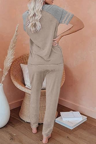 Image of PRETTYGARDEN Women Summer Two Piece Outfits Striped Short Sleeve Pullover and Long Pants Tracksuit Travel Pajama Lounge Set