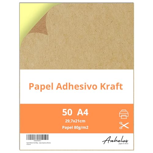 Papel Adhesivo para imprimir Kraft | 50 hojas A4 | Etiquetas adhesivas A4 tamaño 21x29,7cm | Papel adhesivo impresora inkjet y laserjet | Crea tus propias etiquetas adhesivas