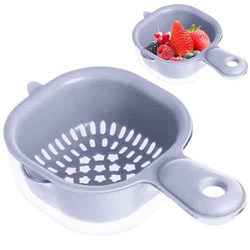Mini Colander Double-Layer Fruit Cleaning Bowl with Strainer Vegetable Washing Basket with Handle Detachable Plastic Hanging Fruit Strainer for Pasta Salad Berry Purple