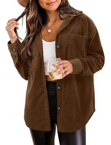 ZOLUCKY Womens Corduroy Shacket Long Sleeve Button Down Shirts Casual Boyfriend Shacket Jacket Brown XL
