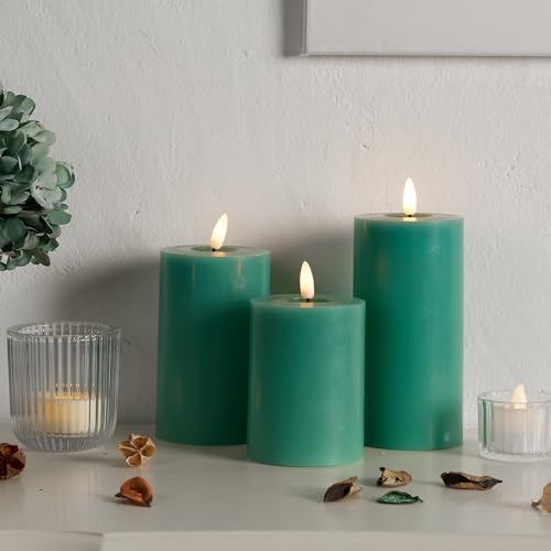 Image of Flameless Turquoise Candles with Timer - Fake Teal Candles Battery Operated Pillar Set of 3 (H4 5 inch 6 inch x D3) Remote Teal Decor for Room, Office, Living Room, Table, Turquoise Home