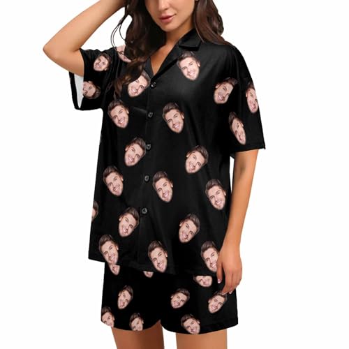 Custom Face Satin Pajama Set for Women Personalized Photo Summer V-Neck 2 Pieces Pajamas Loungewear Sleepwear Short Sets