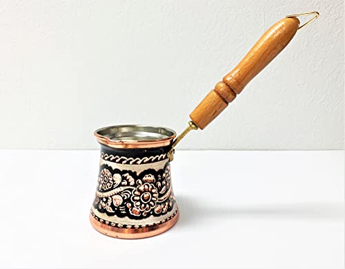 9-Oz Handmade Thick 2mm Stamped Hammered Copper Turkish Greek Arabic Armenian Coffee Pot Stove Top Maker Cezve Ibrik Briki with Wooden Handle with Brass for 3 cups Medium – H2.75xD3in