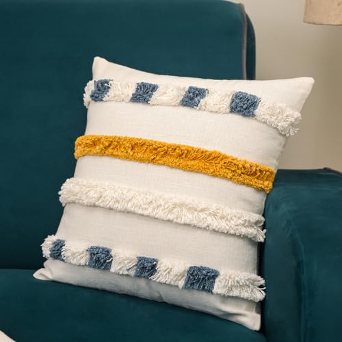 Image of Boho Square Pillow Covers | 16X16 Inches Embroidery Cushion Covers | Tufted Cushion Cover for Home Decor | Hand Crafted Bohemian Cushion Cover for Sofa & Bed Room (Set of 1, 16 * 16)